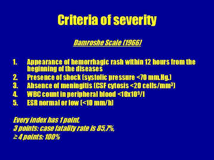 Criteria of severity Damroshe Scale (1966) 1. 2. 3. 4. 5. Appearance of hemorrhagic