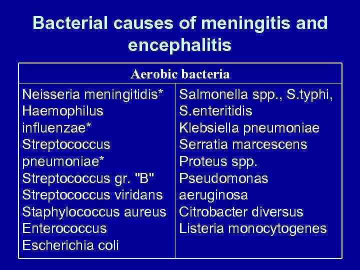 Bacterial causes of meningitis and encephalitis Aerobic bacteria Neisseria meningitidis* Salmonella spp. , S.