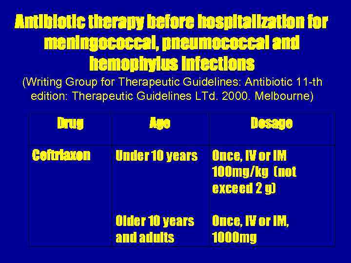 Antibiotic therapy before hospitalization for meningococcal, pneumococcal and hemophylus infections (Writing Group for Therapeutic