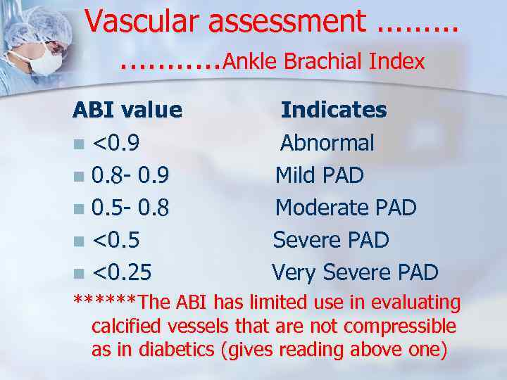 Vascular assessment. . . . . Ankle Brachial Index ABI value Indicates n <0.