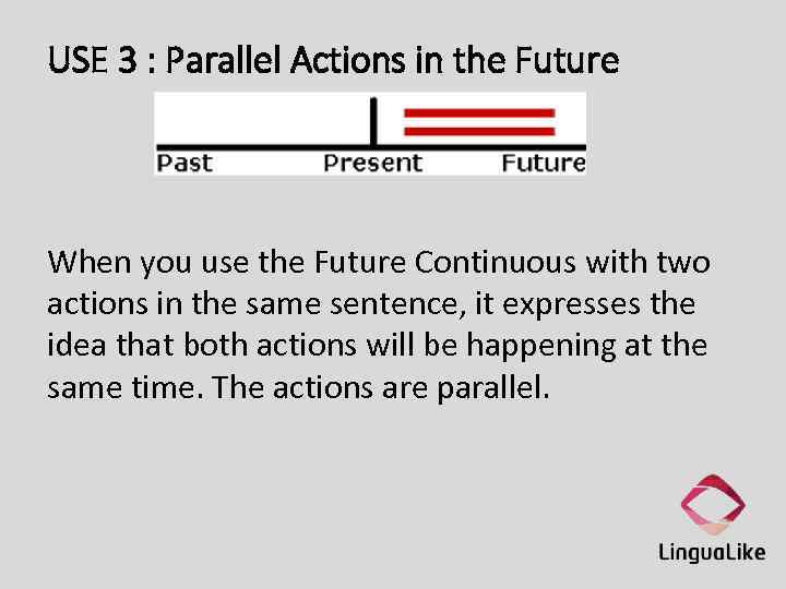 USE 3 : Parallel Actions in the Future When you use the Future Continuous