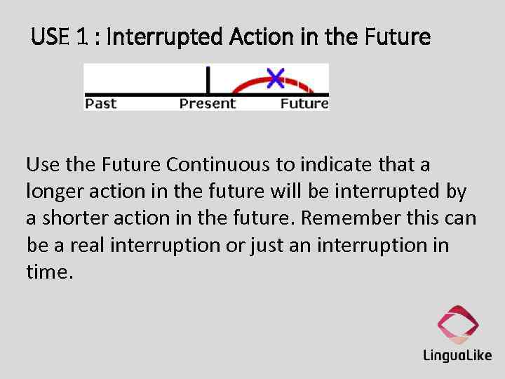 USE 1 : Interrupted Action in the Future Use the Future Continuous to indicate