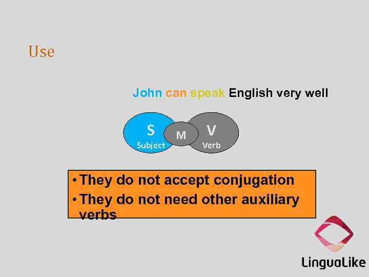 Use John can speak English very well S Subject M V Verb • They