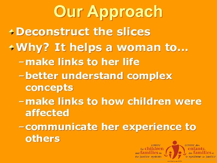 Our Approach Deconstruct the slices Why? It helps a woman to… – make links