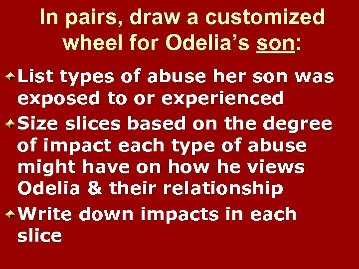 In pairs, draw a customized wheel for Odelia’s son: List types of abuse her