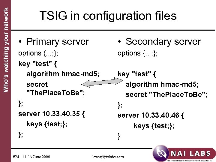 Who’s watching your network TSIG in configuration files • Primary server • Secondary server