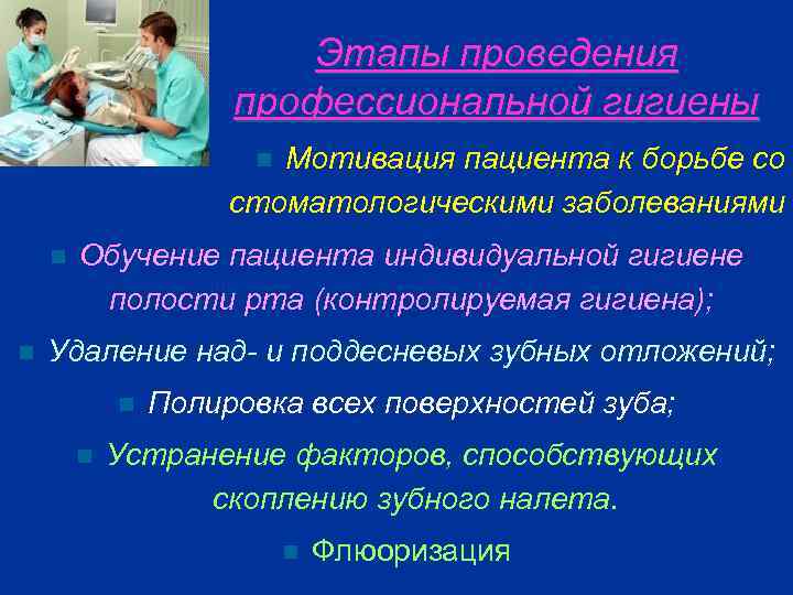 Этапы проведения профессиональной гигиены Мотивация пациента к борьбе со стоматологическими заболеваниями n n n