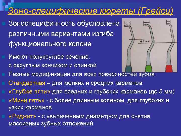 Зоно-специфические кюреты (Грейси) n Зоноспецифичность обусловлена различными вариантами изгиба функционального колена n Имеют полукруглое