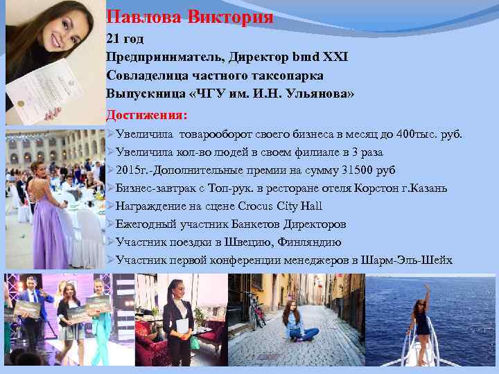 Павлова Виктория 21 год Предприниматель, Директор bmd XXI Совладелица частного таксопарка Выпускница «ЧГУ им.