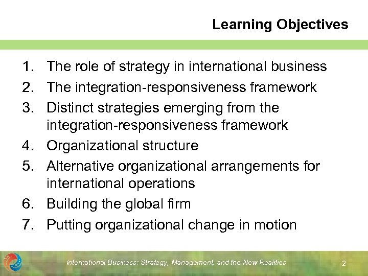 Learning Objectives 1. The role of strategy in international business 2. The integration-responsiveness framework