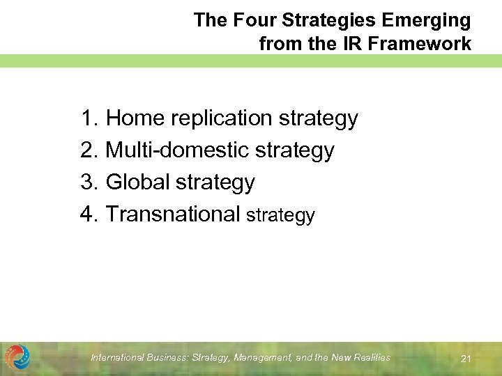 The Four Strategies Emerging from the IR Framework 1. Home replication strategy 2. Multi-domestic