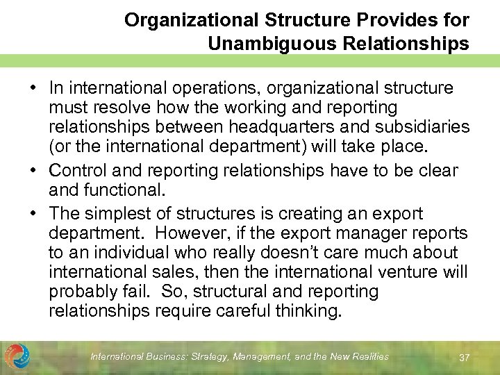 Organizational Structure Provides for Unambiguous Relationships • In international operations, organizational structure must resolve