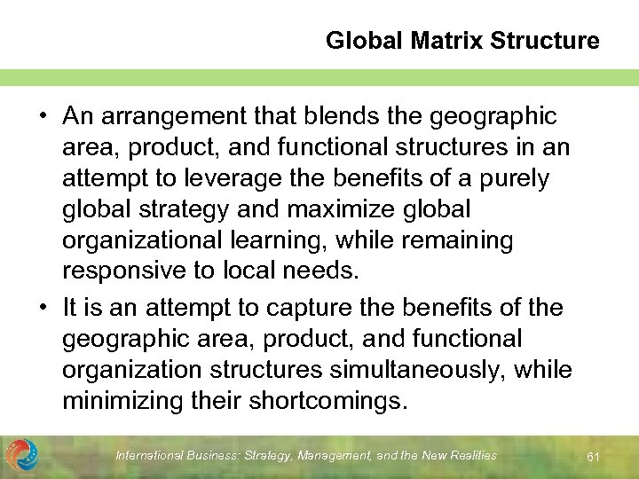 Global Matrix Structure • An arrangement that blends the geographic area, product, and functional