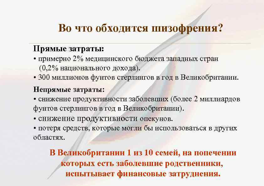 Во что обходится шизофрения? Прямые затраты: • примерно 2% медицинского бюджета западных стран (0,