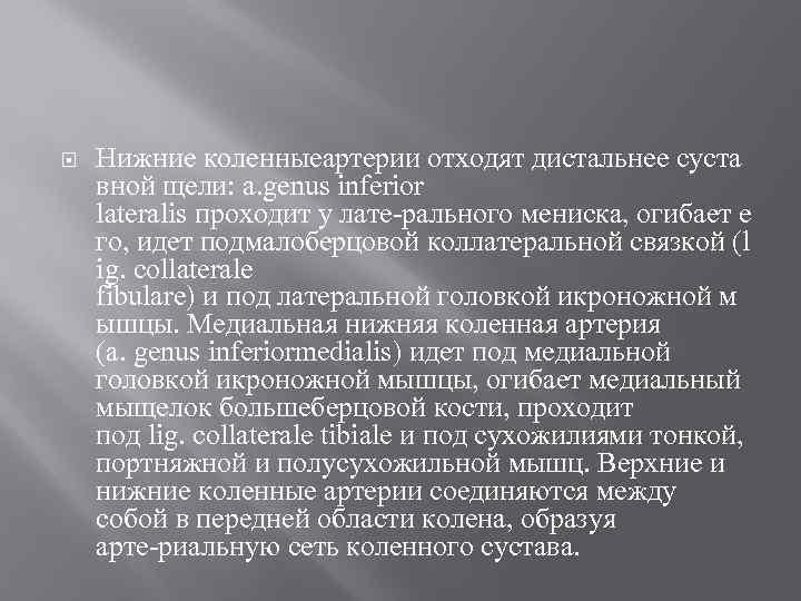  Нижние коленныеартерии отходят дистальнее суста вной щели: a. genus inferior lateralis проходит у