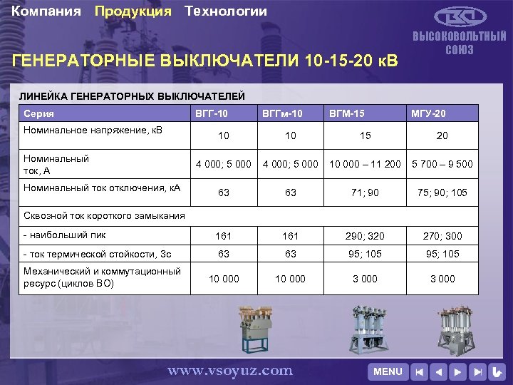 Компания Продукция Технологии ГЕНЕРАТОРНЫЕ ВЫКЛЮЧАТЕЛИ 10 -15 -20 к. В ВЫСОКОВОЛЬТНЫЙ СОЮЗ ЛИНЕЙКА ГЕНЕРАТОРНЫХ