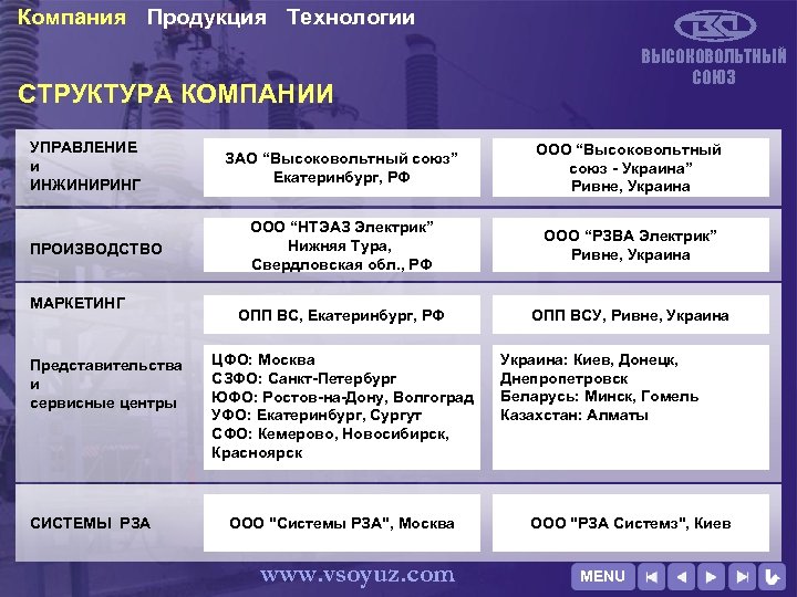 Компания Продукция Технологии ВЫСОКОВОЛЬТНЫЙ СОЮЗ СТРУКТУРА КОМПАНИИ УПРАВЛЕНИЕ и ИНЖИНИРИНГ ПРОИЗВОДСТВО МАРКЕТИНГ Представительства и