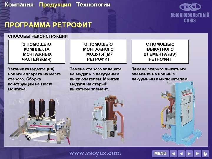 Компания Продукция Технологии ВЫСОКОВОЛЬТНЫЙ СОЮЗ ПРОГРАММА РЕТРОФИТ СПОСОБЫ РЕКОНСТРУКЦИИ С ПОМОЩЬЮ КОМПЛЕКТА МОНТАЖНЫХ ЧАСТЕЙ