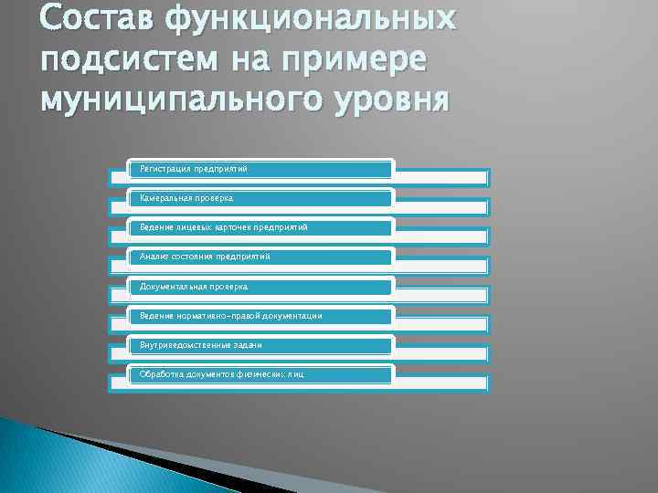 Состав функциональных подсистем на примере муниципального уровня Регистрация предприятий Камеральная проверка Ведение лицевых карточек