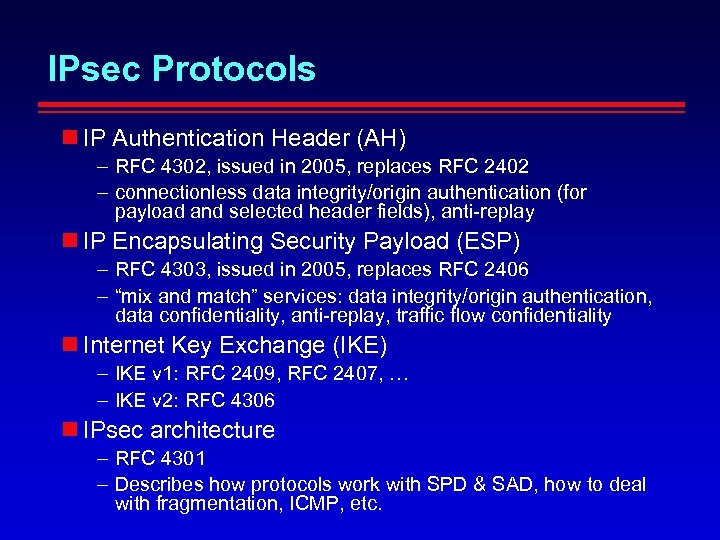 IPsec Protocols IP Authentication Header (AH) – RFC 4302, issued in 2005, replaces RFC