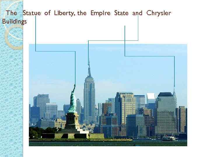 The Statue of Liberty, the Empire State and Chrysler Buildings 