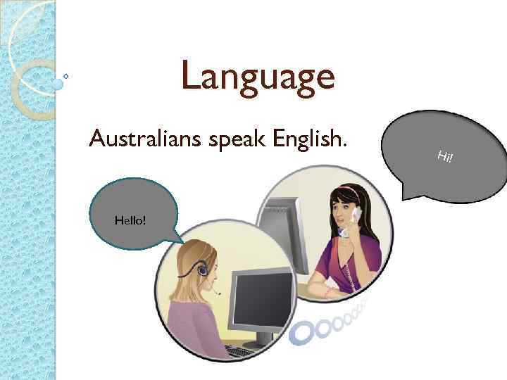 Language Australians speak English. Hello! Hi ! 