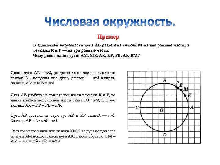 Пример В единичной окружности дуга АВ разделена точкой М на две равные части, а