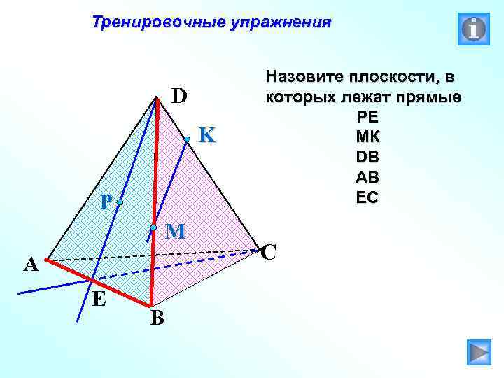 Тренировочные упражнения D K P M A E B Назовите плоскости, в которых лежат