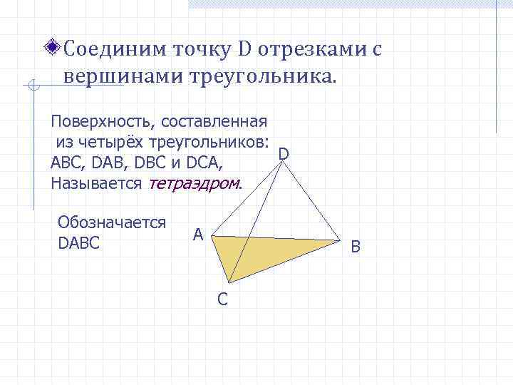 Соединим точку D отрезками с вершинами треугольника. Поверхность, составленная из четырёх треугольников: D ABC,