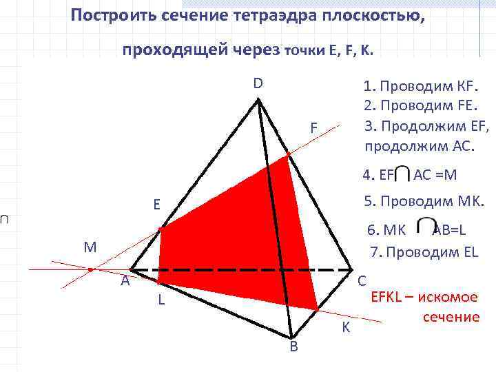 Построить сечение тетраэдра плоскостью, проходящей через точки E, F, K. D 1. Проводим КF.