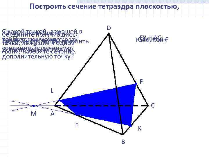Построить сечение тетраэдра плоскостью, проходящей через точки E, F, K. С какой точкой, лежащей