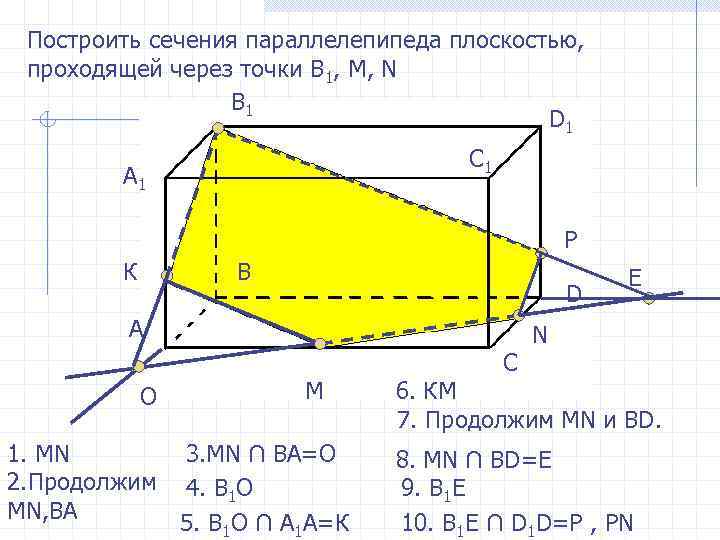 Построить сечения параллелепипеда плоскостью, проходящей через точки В 1, М, N В 1 D