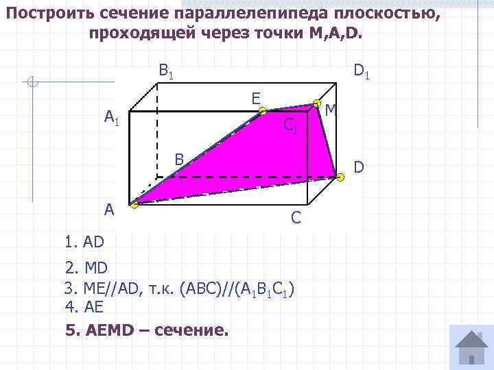 Построить сечение параллелепипеда плоскостью, проходящей через точки M, A, D. В 1 D 1