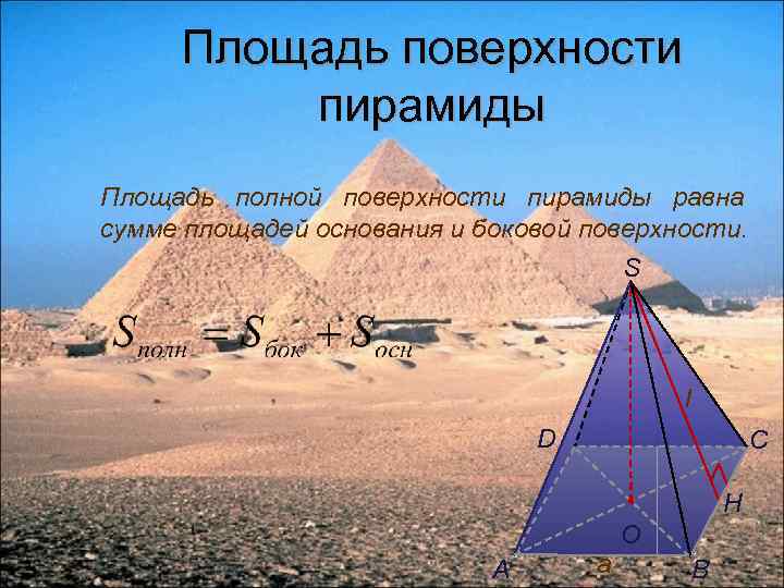 Площадь поверхности пирамиды Площадь полной поверхности пирамиды равна сумме площадей основания и боковой поверхности.