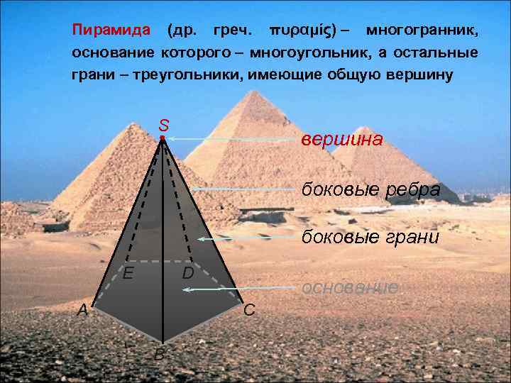 Пирамида (др. греч. πυραμίς) – многогранник, основание которого – многоугольник, а остальные грани –