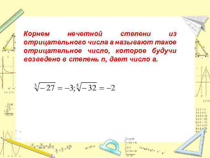 Корнем нечетной степени из отрицательного числа а называют такое отрицательное число, которое будучи возведено