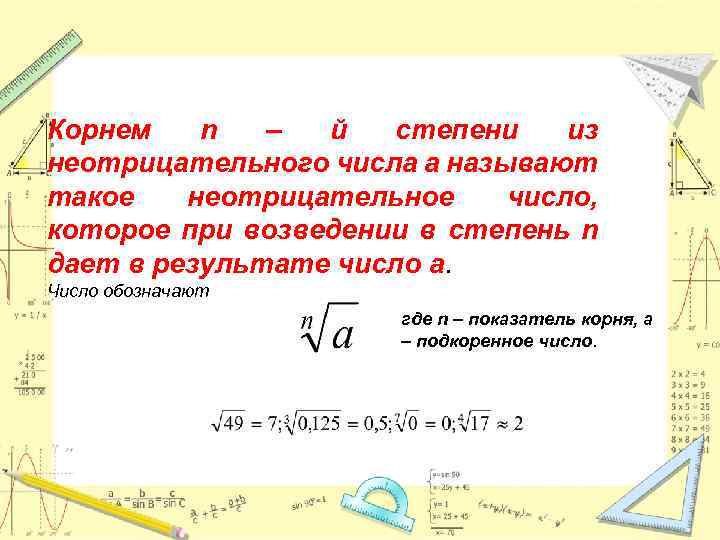 Корнем n – й степени из неотрицательного числа а называют такое неотрицательное число, которое