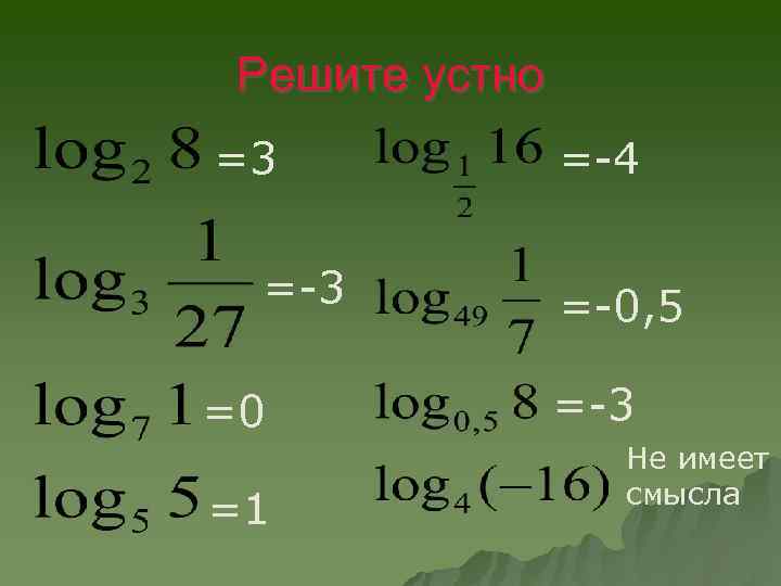 Решите устно =3 =-3 =0 =1 =-4 =-0, 5 =-3 Не имеет смысла 