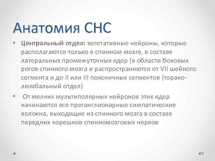 Анатомия СНС • Центральный отдел: вегетативные нейроны, которые располагаются только в спинном мозге, в
