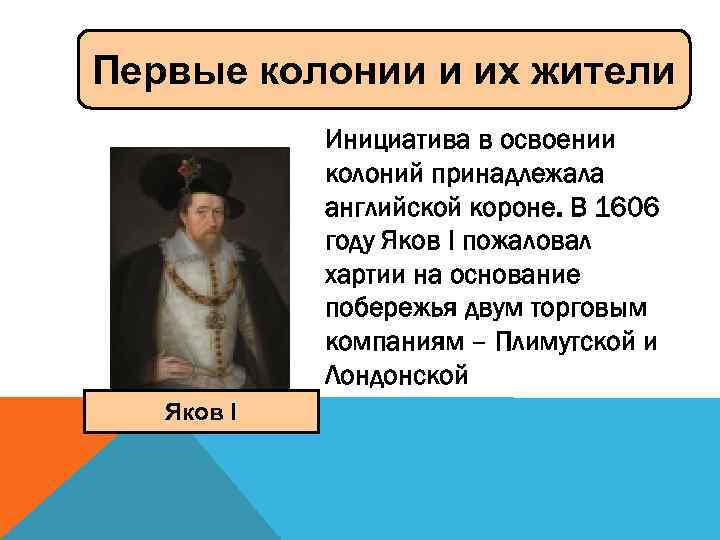 Первые колонии и их жители Инициатива в освоении колоний принадлежала английской короне. В 1606