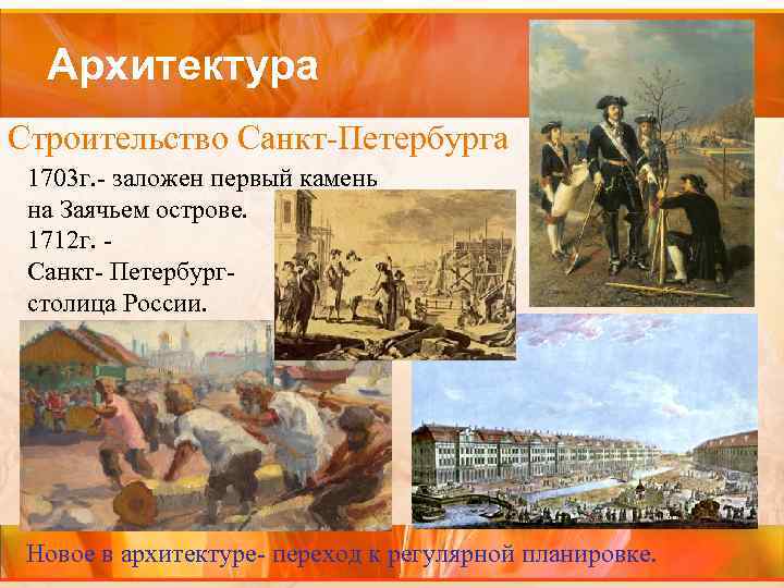 Архитектура Строительство Санкт-Петербурга 1703 г. - заложен первый камень на Заячьем острове. 1712 г.