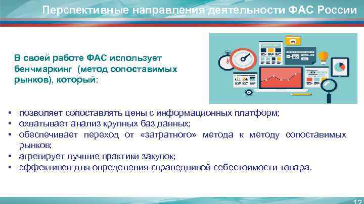 Перспективные направления деятельности ФАС России В своей работе ФАС использует бенчмаркинг (метод сопоставимых рынков),