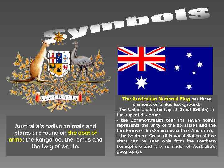 The Australian National Flag has three Australia’s native animals and plants are found on