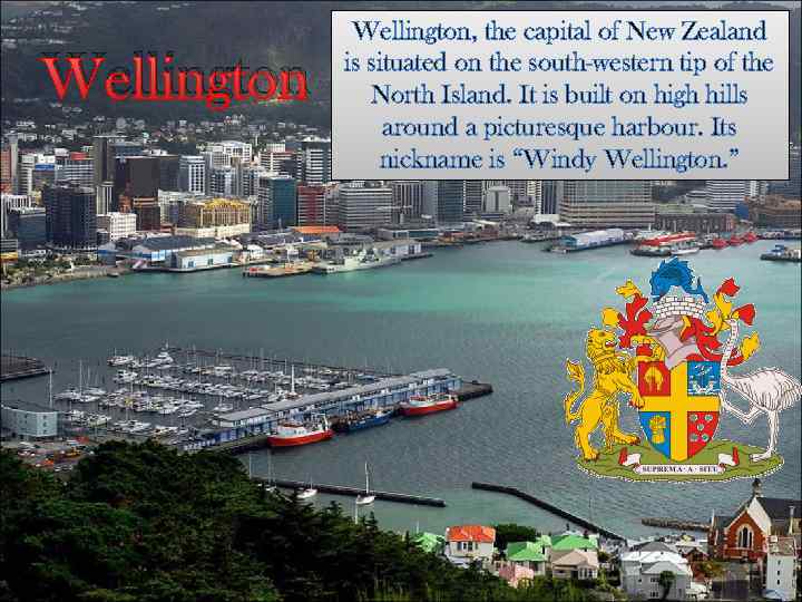 Wellington, the capital of New Zealand is situated on the south-western tip of the