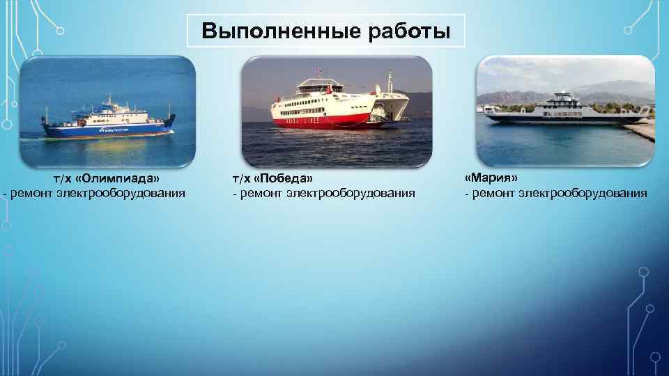 Выполненные работы т/х «Олимпиада» - ремонт электрооборудования т/х «Победа» - ремонт электрооборудования «Мария» -