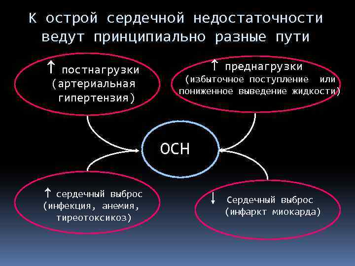 К острой сердечной недостаточности ведут принципиально разные пути постнагрузки (артериальная гипертензия) преднагрузки (избыточное поступление