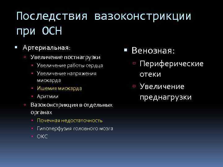 Последствия вазоконстрикции при ОСН Артериальная: Увеличение постнагрузки Увеличение работы сердца Увеличение напряжения миокарда Ишемия