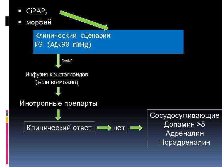  Ci. PAP, морфий Клинический сценарий № 3 (АД<90 mm. Hg) Эхо. КГ Инфузия