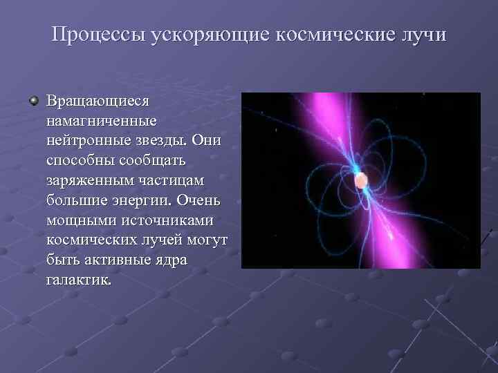 Процессы ускоряющие космические лучи Вращающиеся намагниченные нейтронные звезды. Они способны сообщать заряженным частицам большие