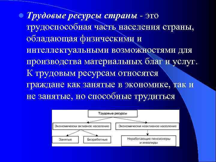 l Трудовые ресурсы страны это трудоспособная часть населения страны, обладающая физическими и интеллектуальными возможностями